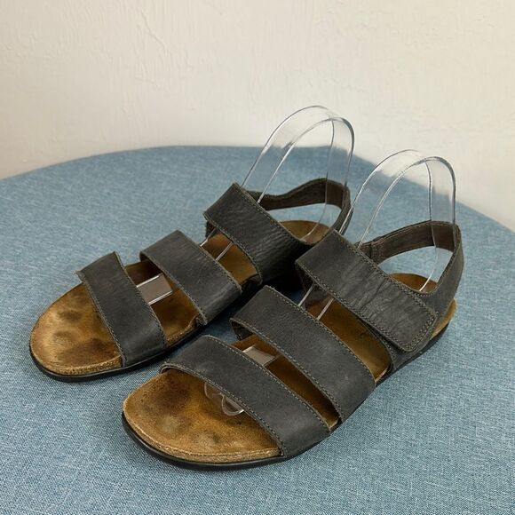 NAOT Black Leather Strappy Cork Footbed Sandals Size 10/10.5 - Picture 1 of 8
